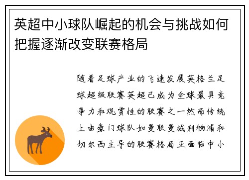 英超中小球队崛起的机会与挑战如何把握逐渐改变联赛格局